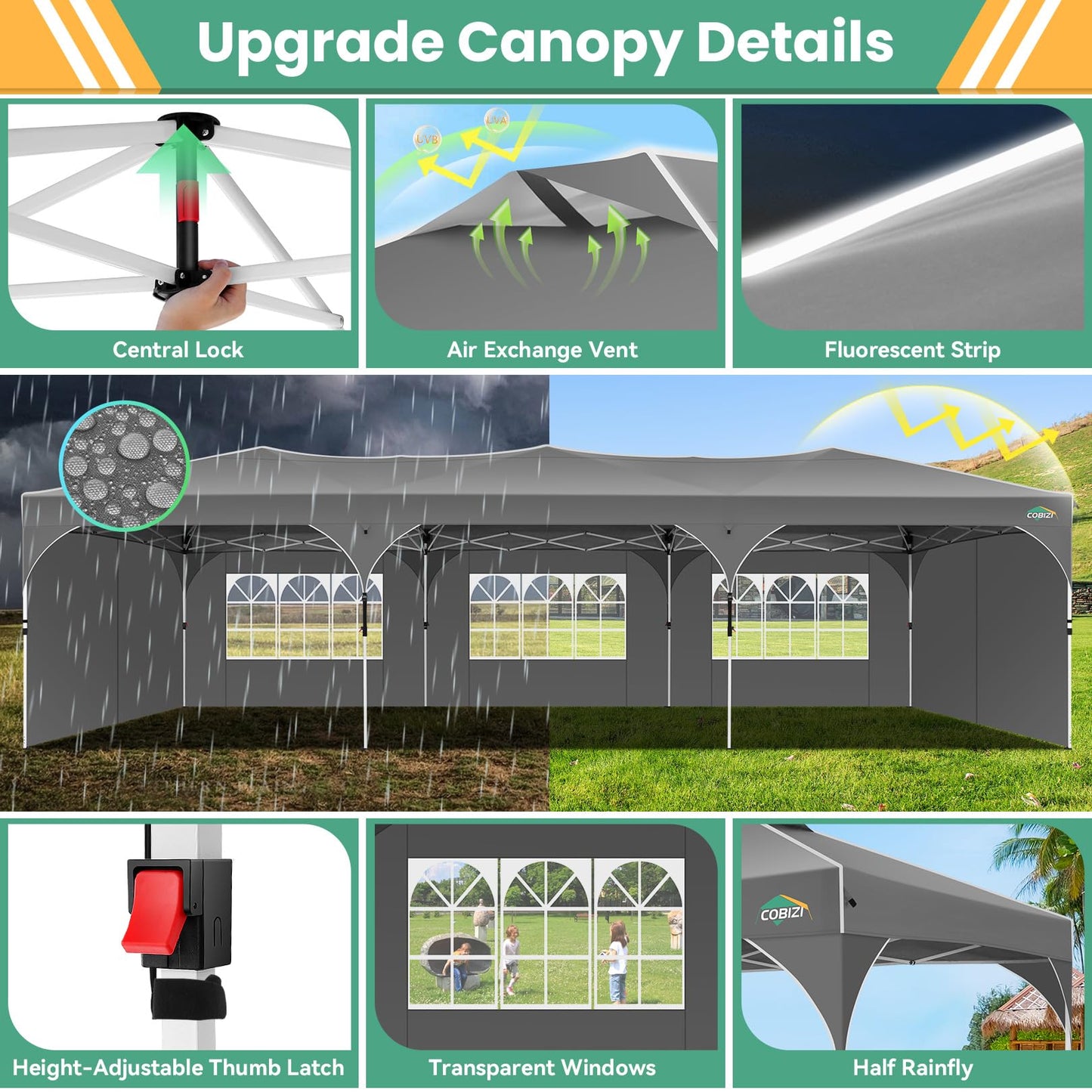 COBIZI 10x20 Pop Up Canopy Tent, Outdoor Party Tent with 4 Sidewalls, 1 Person Easy Set up, Tents for Parties with Fluorescent Strip & 4 Sandbags, Waterproof UPF50+, 3 Adjustable Height, Gray