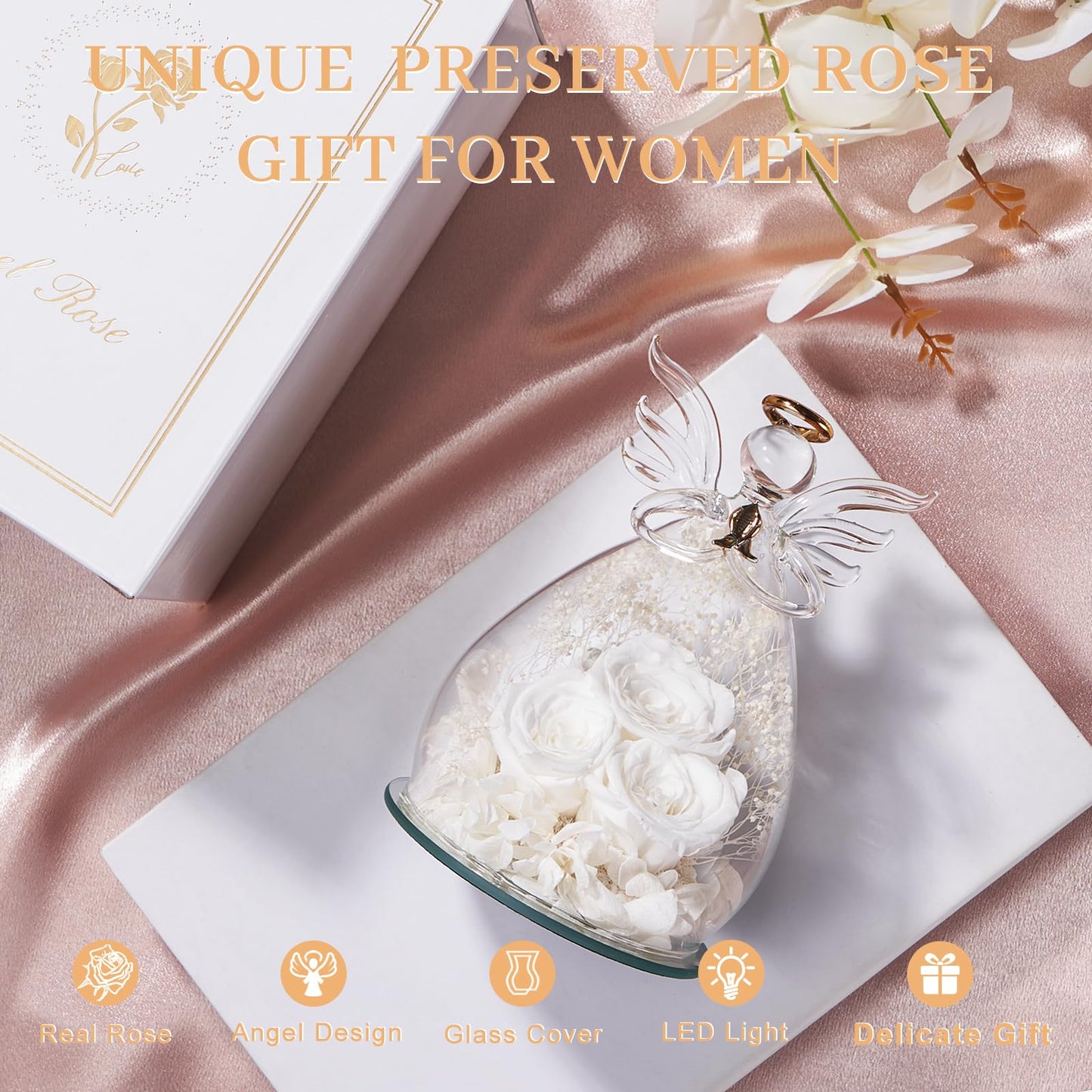 Beferr Mothers Day Mom Birthday Gifts for Women, Fresh Flowers for Delivery Forever Preserved Rose in Glass Angel Figurine, Anniversary Christian Real Rose for Grandma Nana Wife Mum from Daughter Son