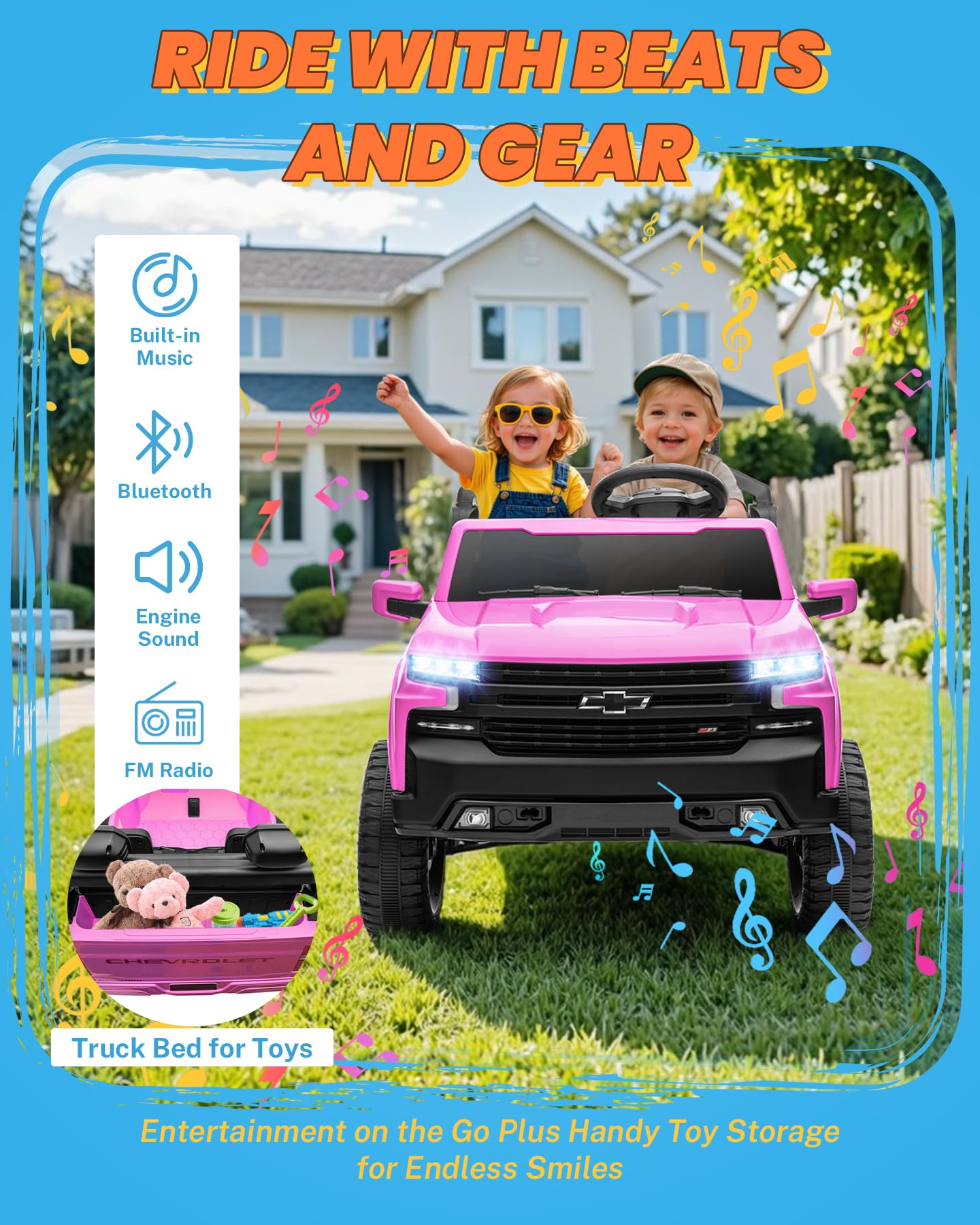 ENYOPRO 24V Ride on Toys, Licensed Chevrolet Silverado LT Trail Boss 2 Seater Ride on Car for Kids, Toddler Electric Car w/Remote Control, Safety Belt, Truck Bed Storage, LED Lights, Bluetooth, Black