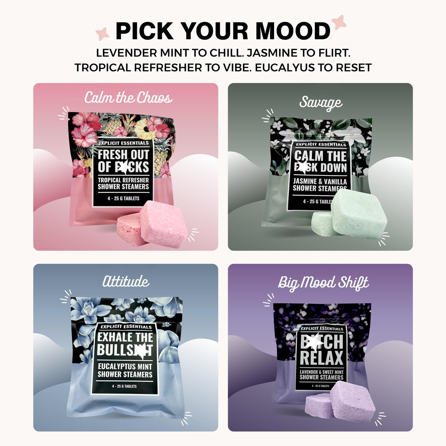 Explicit Essentials Shower Steamers Gift Set | 4 Funny Handmade Aromatherapy Shower Bombs | Relaxation & Stress Relief Spa Gift for Self-Care, Birthdays & Holidays