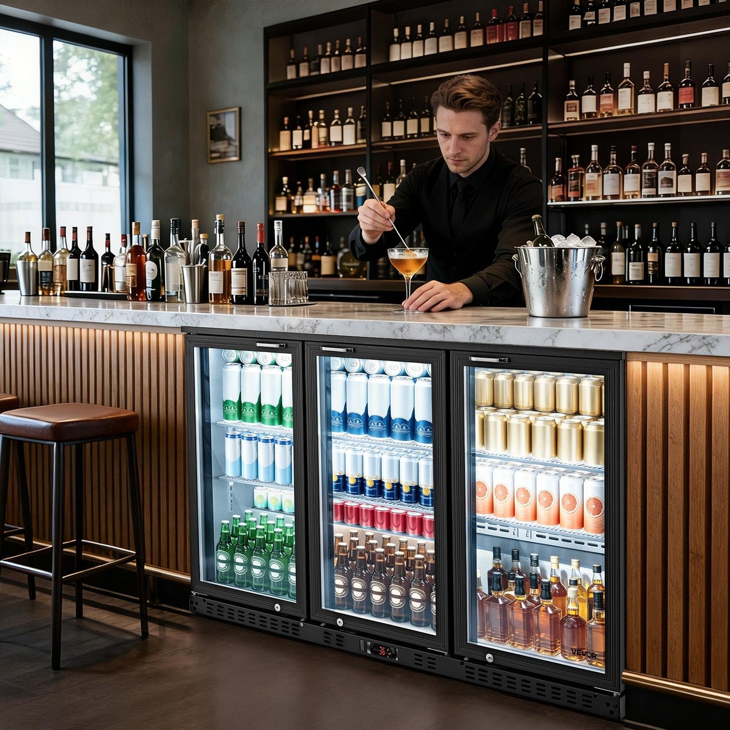 VEVOR Back Bar Cooler, 7.4 Cu. Ft Commercial Beverage Refrigerator, Under Counter Bar Fridge with 2 Sliding Doors, LED Lighting, Adjustable Shelves, Low-E Glass Display Cooler for Beer, Wine, Drink