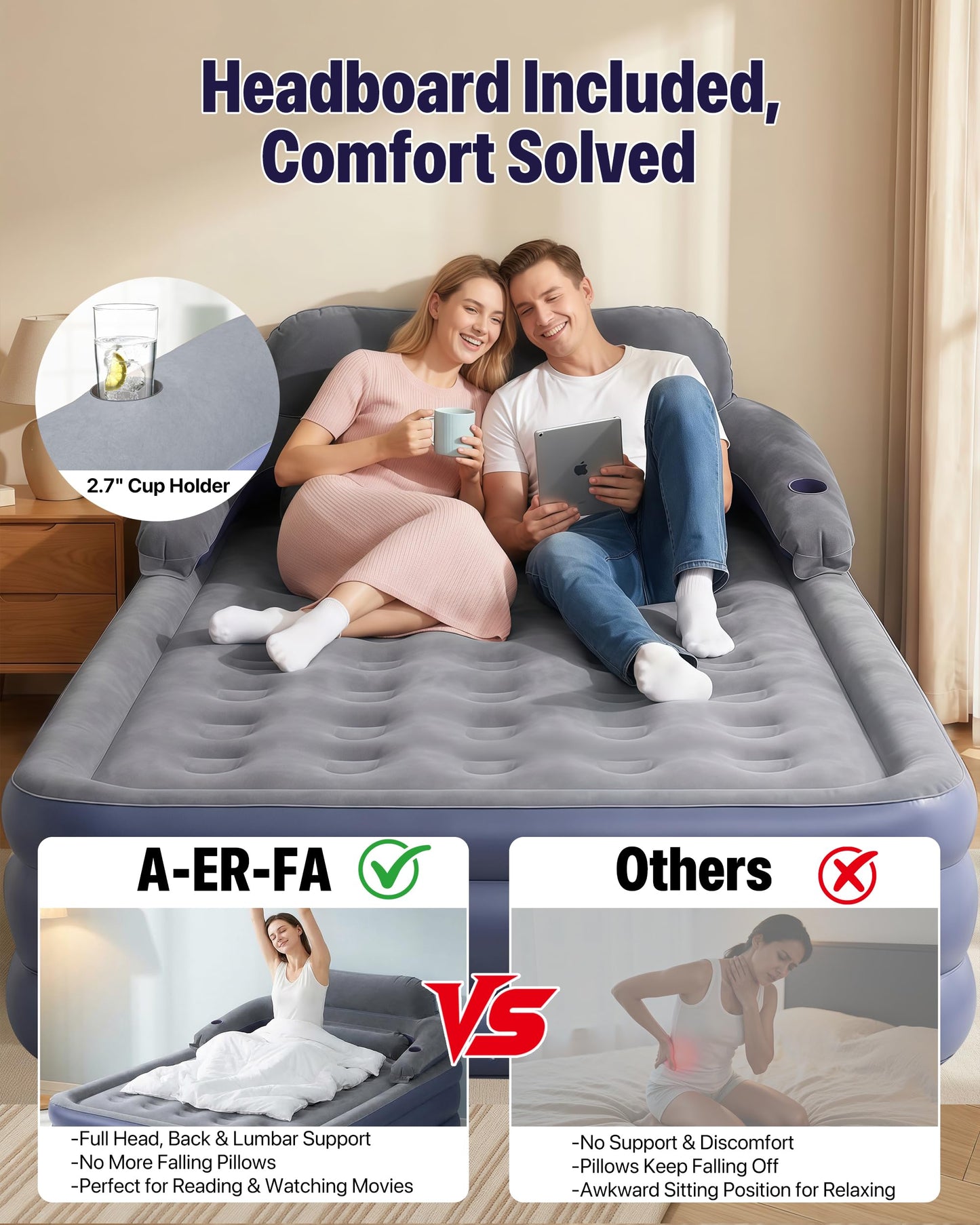 A-ER-FA Queen Air Mattress with Detachable Headboard and Cup Holder - 20 Height 700lbs Capacity Comfort Inflatable Bed for Guests Home Camping and Travel Durable Construction,Colchón Inflable,Air Bed