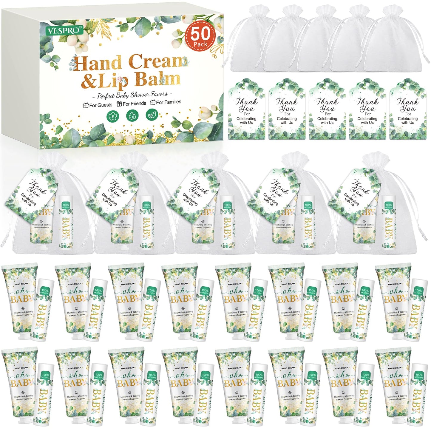 VESPRO 30 Pack Bulk Hand Cream and Bulk Lip Balm Sets, Mothers Day Gifts, Wedding Favors for Guests with Thank You Card and Organza Bags, Birthday Gift, Teacher Appreciation Gifts and Nurse Gift