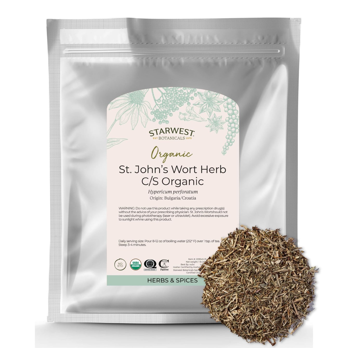 Starwest Botanicals Organic Dried St. John's Wort - Loose Leaf Herb for Tea, Made from St. John's Wort Flower, Cut & Sifted, Certified Kosher, Non-GMO - 4 oz Pouch