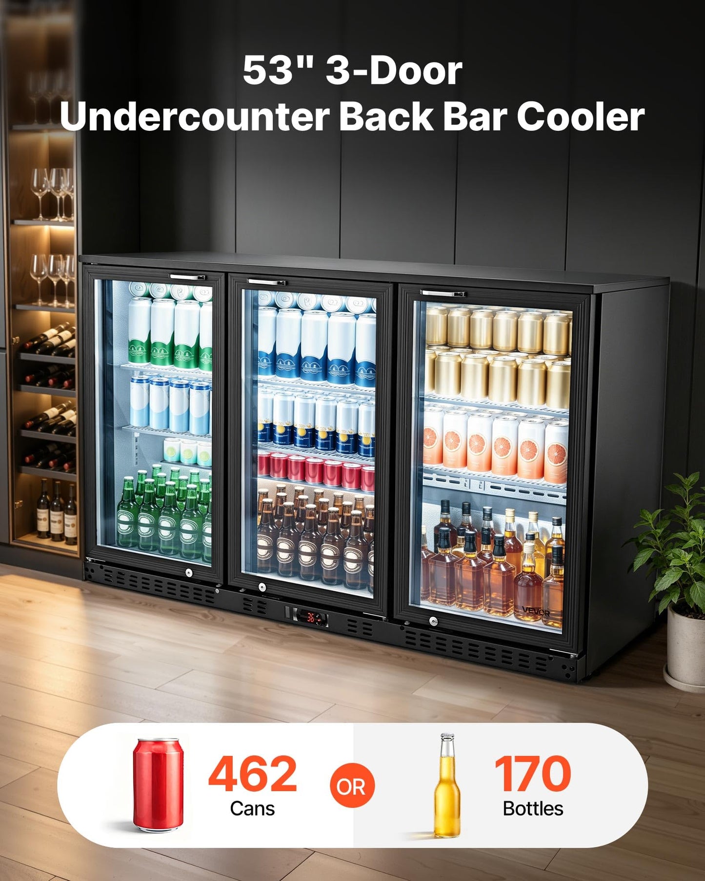 VEVOR Back Bar Cooler, 7.4 Cu. Ft Commercial Beverage Refrigerator, Under Counter Bar Fridge with 2 Sliding Doors, LED Lighting, Adjustable Shelves, Low-E Glass Display Cooler for Beer, Wine, Drink