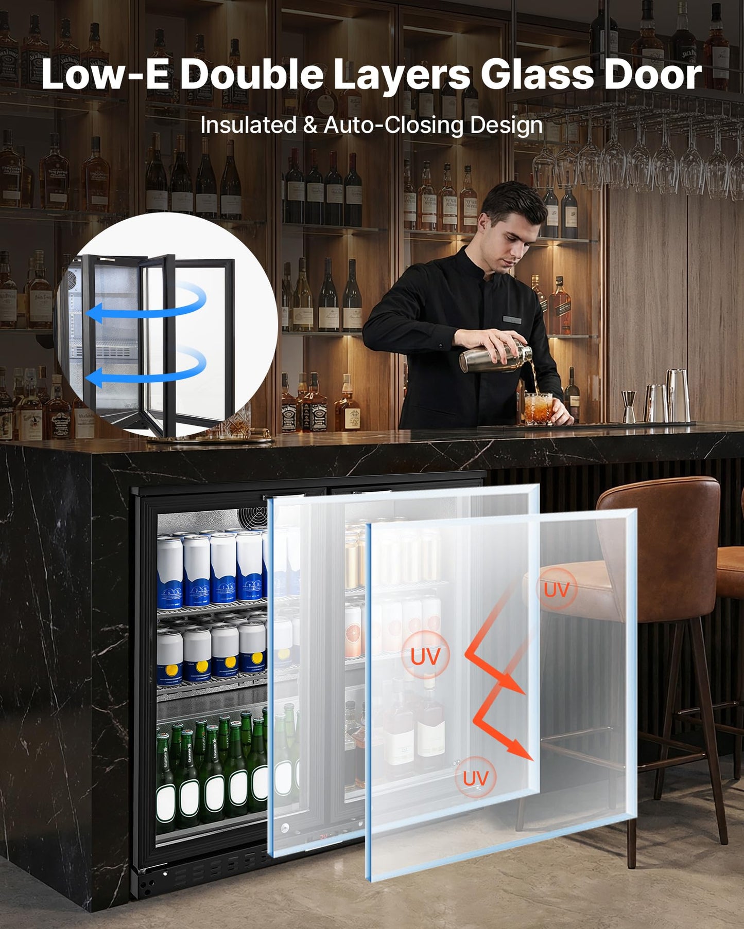 VEVOR Back Bar Cooler, 7.4 Cu. Ft Commercial Beverage Refrigerator, Under Counter Bar Fridge with 2 Sliding Doors, LED Lighting, Adjustable Shelves, Low-E Glass Display Cooler for Beer, Wine, Drink