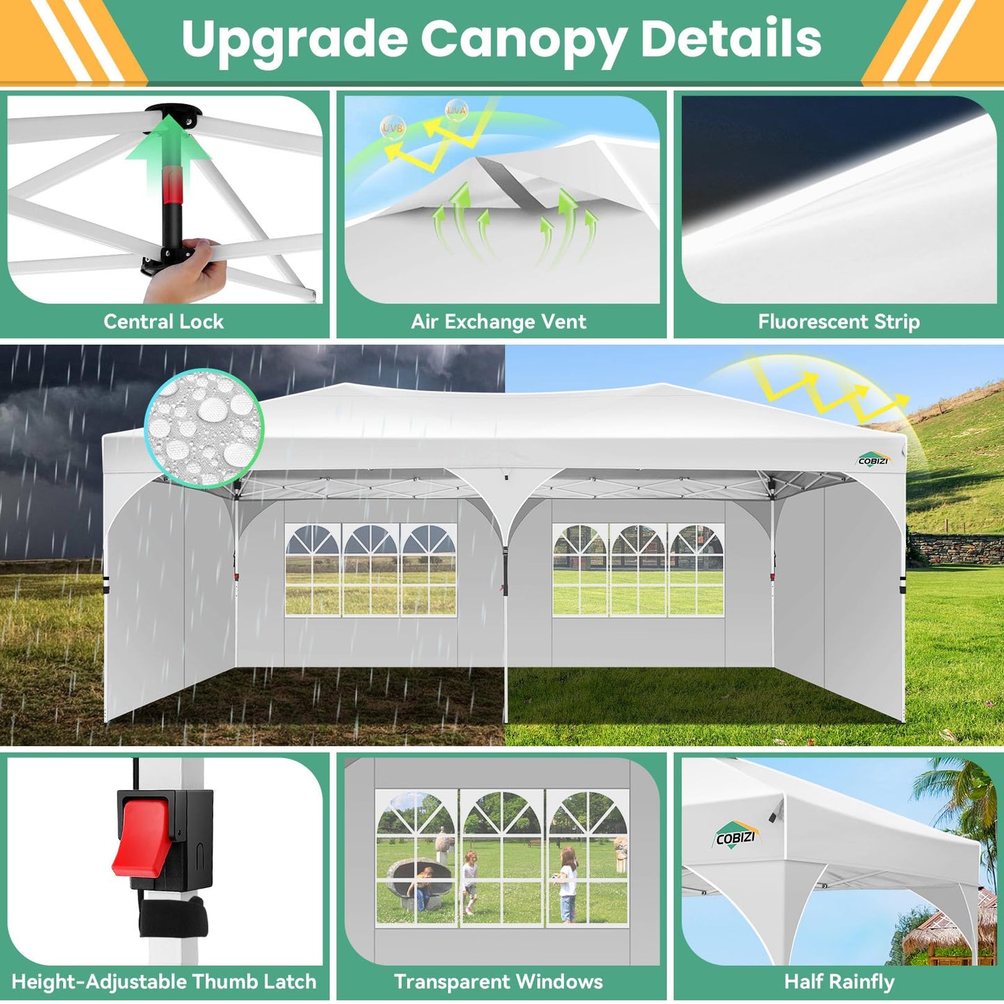 COBIZI 10x20 Pop Up Canopy Tent, Outdoor Party Tent with 4 Sidewalls, 1 Person Easy Set up, Tents for Parties with Fluorescent Strip & 4 Sandbags, Waterproof UPF50+, 3 Adjustable Height, Gray