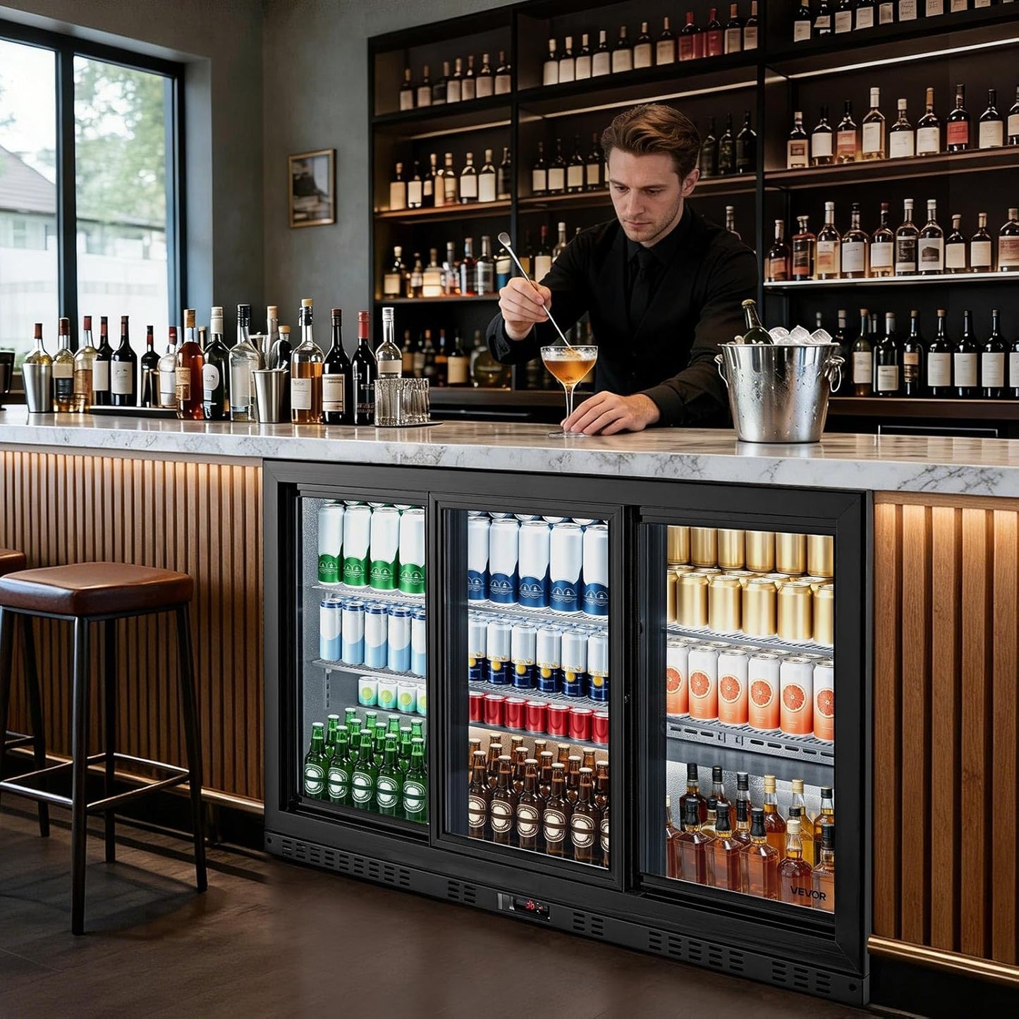 VEVOR Back Bar Cooler, 7.4 Cu. Ft Commercial Beverage Refrigerator, Under Counter Bar Fridge with 2 Sliding Doors, LED Lighting, Adjustable Shelves, Low-E Glass Display Cooler for Beer, Wine, Drink