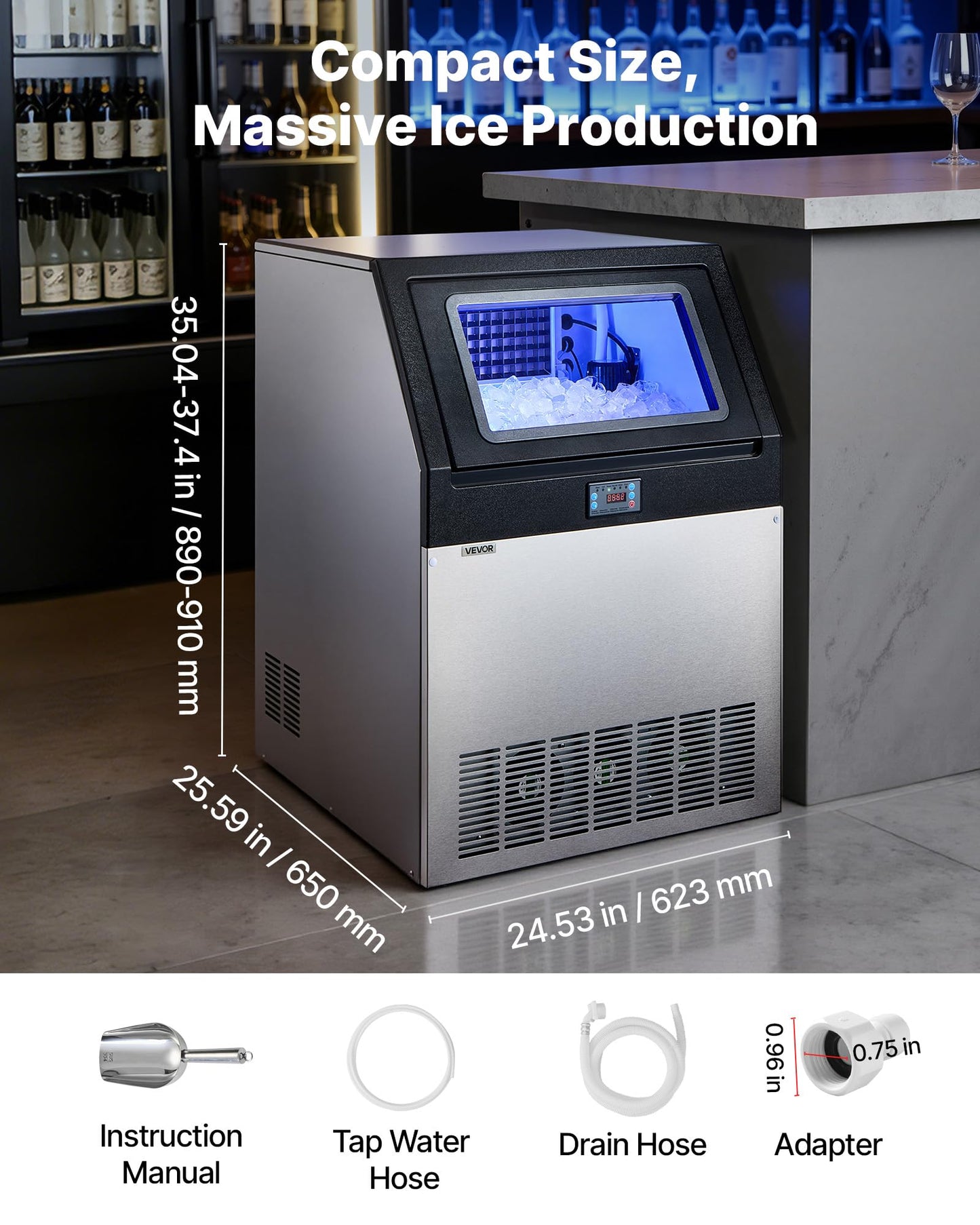 VEVOR Commercial Ice Maker Machine, 265 lbs/24h with 85 lbs Storage Capacity, Built-in/Freestanding/Under Counter, Stainless Steel Ice Maker with LED Display & Self-Cleaning, for Home Bar Restaurant
