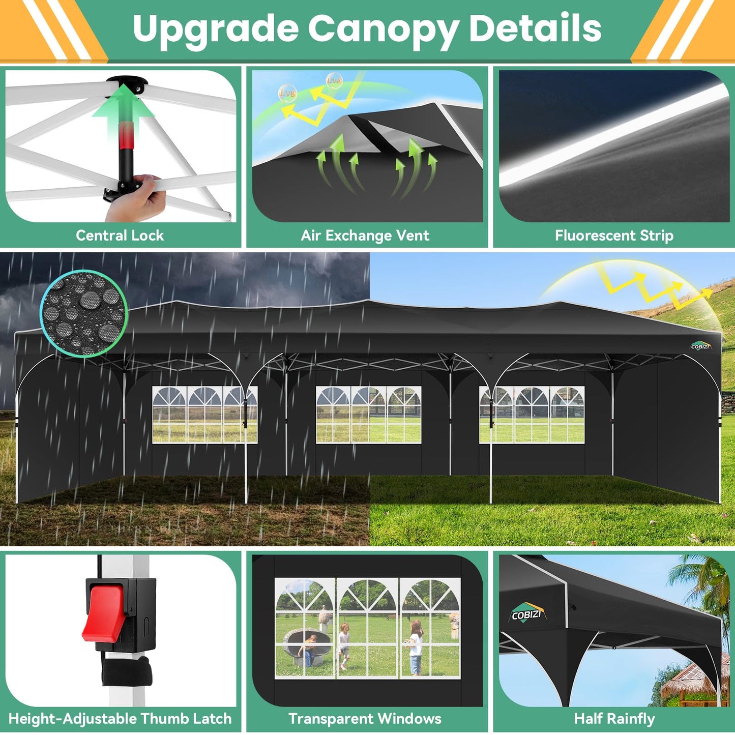 COBIZI 10x20 Pop Up Canopy Tent, Outdoor Party Tent with 4 Sidewalls, 1 Person Easy Set up, Tents for Parties with Fluorescent Strip & 4 Sandbags, Waterproof UPF50+, 3 Adjustable Height, Gray
