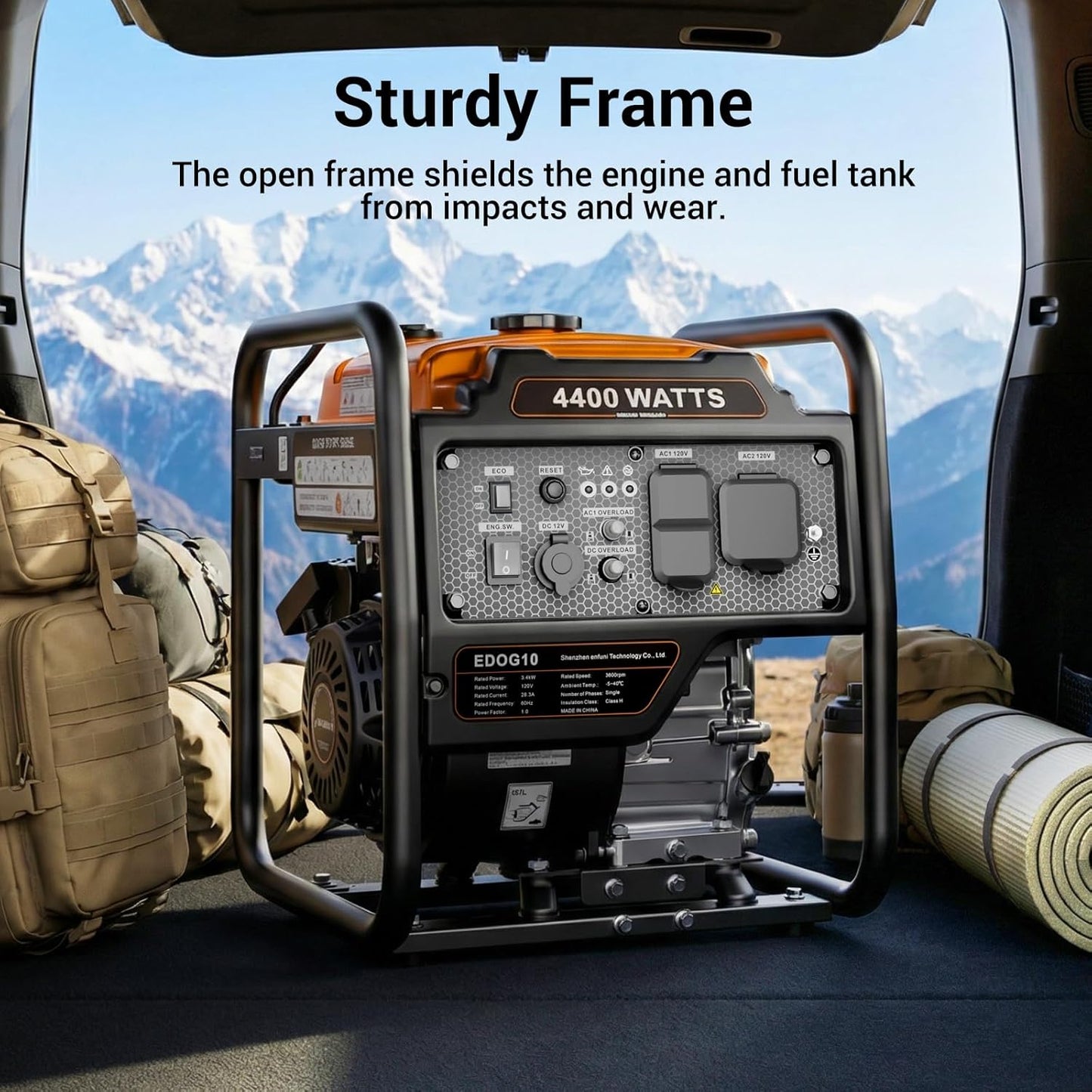 EFURDEN 4400-Watts Portable Inverter Generator, Open Frame Generator Gas Powered, Cold Start Technolog, with ECO Mode and Fuel Gauge, Home Backup Power
