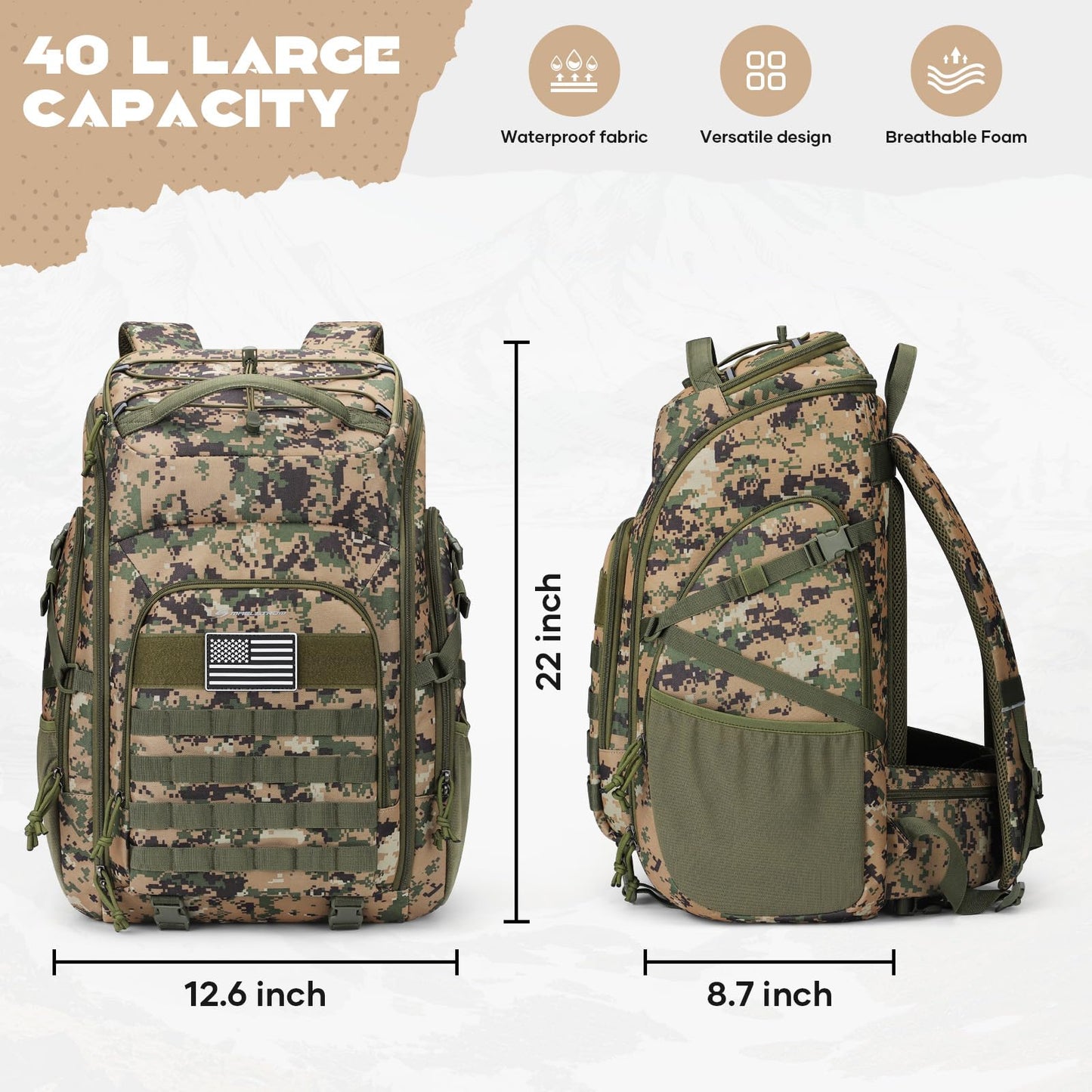 Maelstrom Tactical Backpack for Men, Water Resistant 40L Military Backpack, for Hiking, Camping, Gym with Molle System (Khaki)