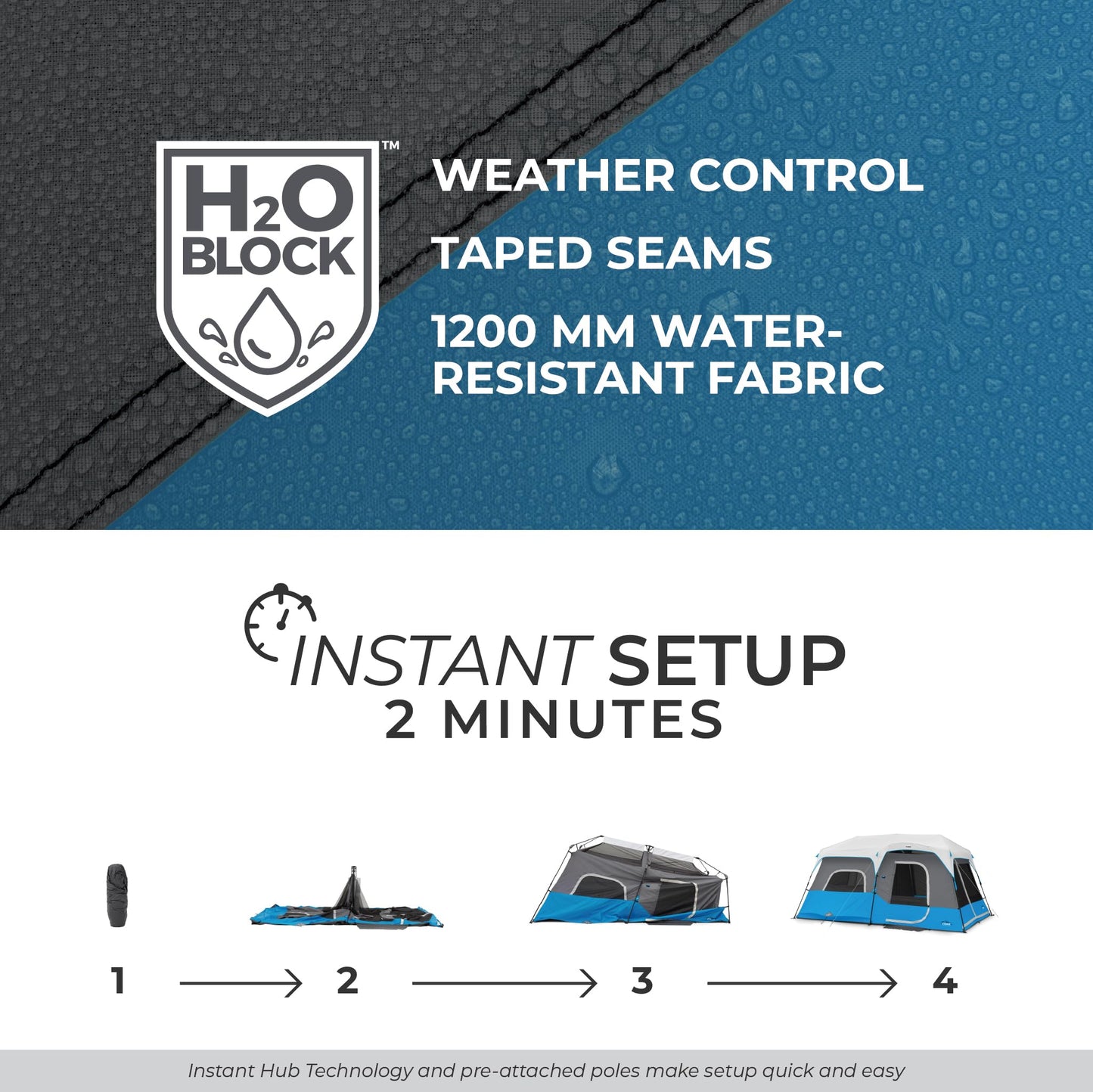 CORE Instant Cabin Tents with LED Lights | Family Multi Room Lighted Pop Up Tents for Camping | Included Storage Pockets for Camping Accessories