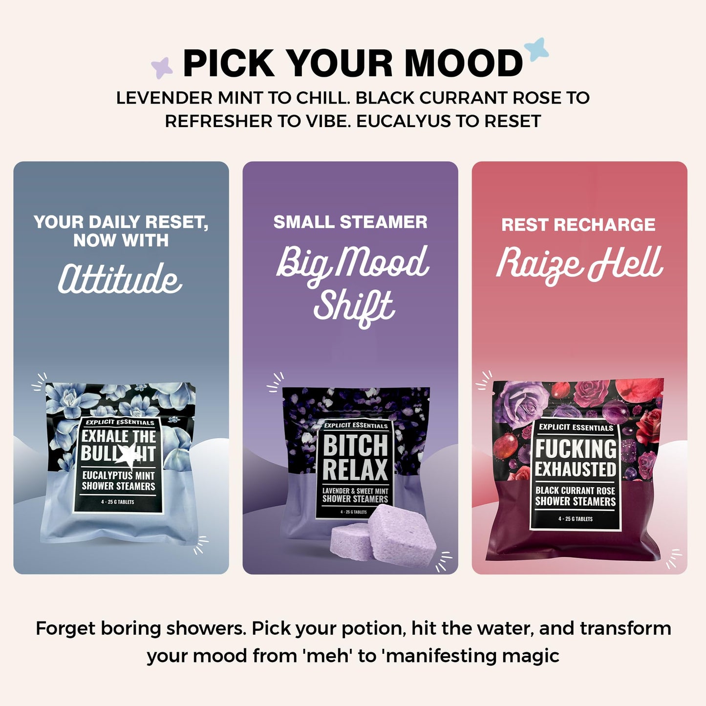 Explicit Essentials Shower Steamers Gift Set | 4 Funny Handmade Aromatherapy Shower Bombs | Relaxation & Stress Relief Spa Gift for Self-Care, Birthdays & Holidays