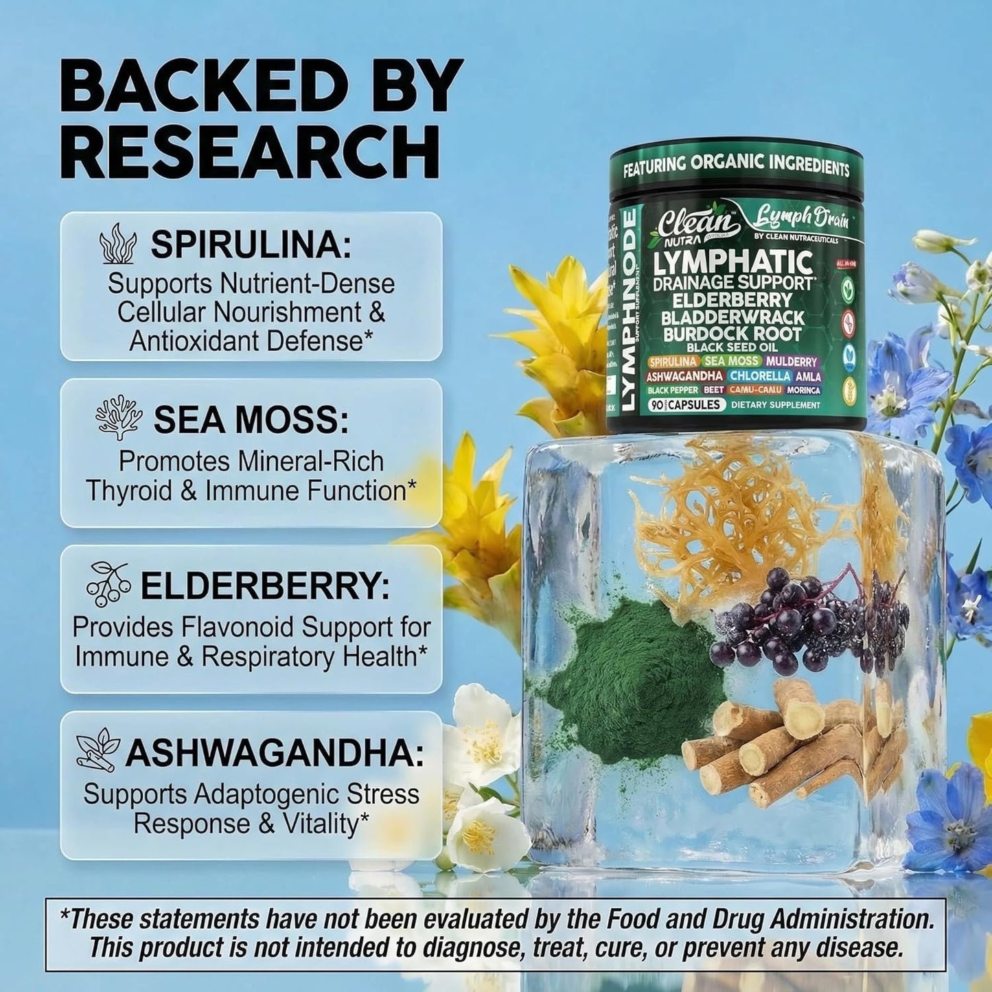 Organic Lymphatic Drainage Supplements | Elderberry Bladderwrack Burdock Root Black Seed Oil Spirulina Sea Moss Ashwagandha Chlorella Amla Beet Moringa Chlorophyll Lymph System Capsules By Clean Nutra