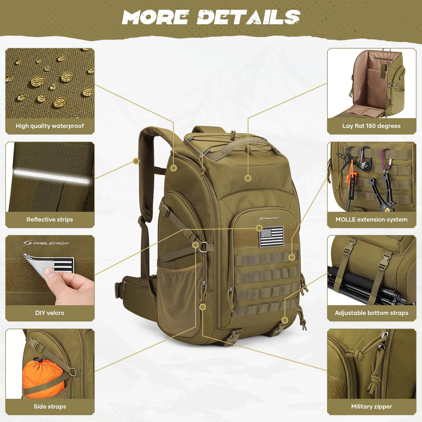 Maelstrom Tactical Backpack for Men, Water Resistant 40L Military Backpack, for Hiking, Camping, Gym with Molle System (Khaki)