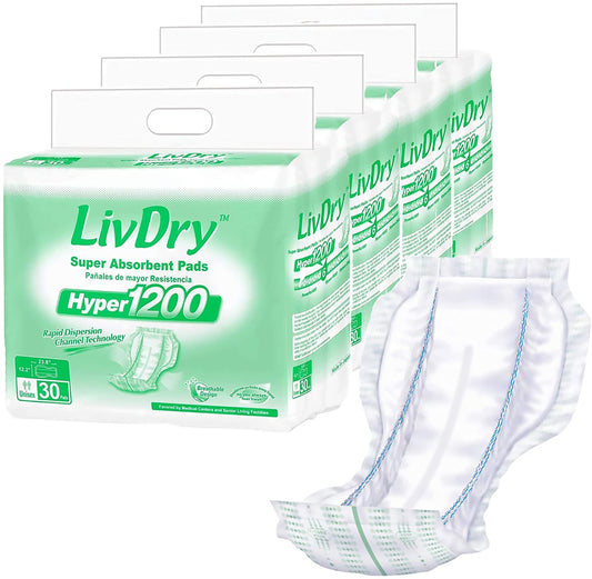 LivDry High Absorbency Pad Insert for Incontinence Briefs and Adult Diapers, Women and Men, Hyper 2400 (18 Count)