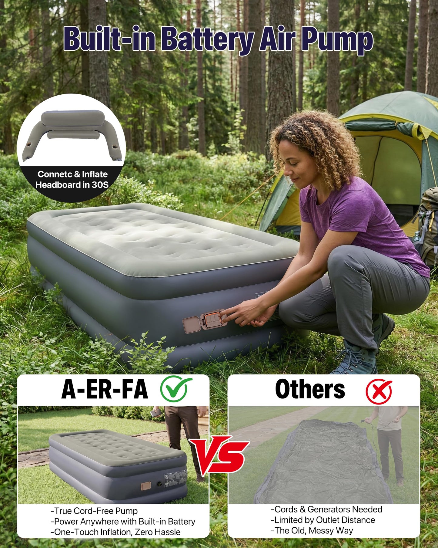A-ER-FA Queen Air Mattress with Detachable Headboard and Cup Holder - 20 Height 700lbs Capacity Comfort Inflatable Bed for Guests Home Camping and Travel Durable Construction,Colchón Inflable,Air Bed