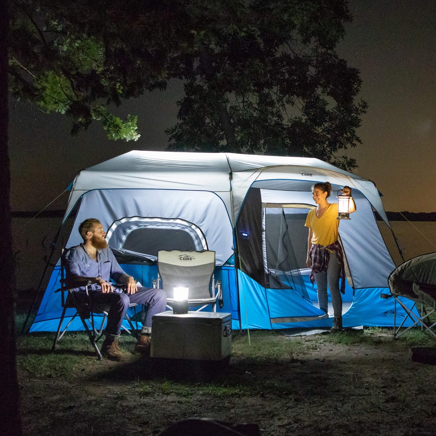 CORE Instant Cabin Tents with LED Lights | Family Multi Room Lighted Pop Up Tents for Camping | Included Storage Pockets for Camping Accessories
