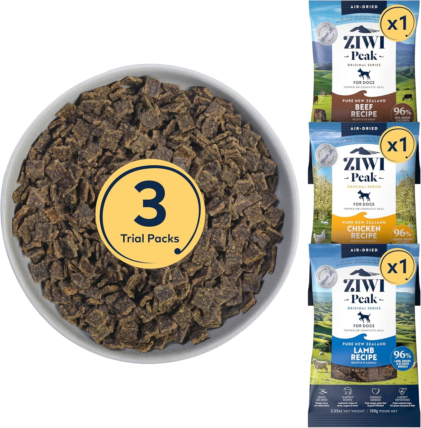 ZIWI Peak Air-Dried Dog Food Bundle - All Natural, High Protein, Grain Free & Limited Ingredient with Superfoods (Beef, Lamb & Chicken, 16oz Each)