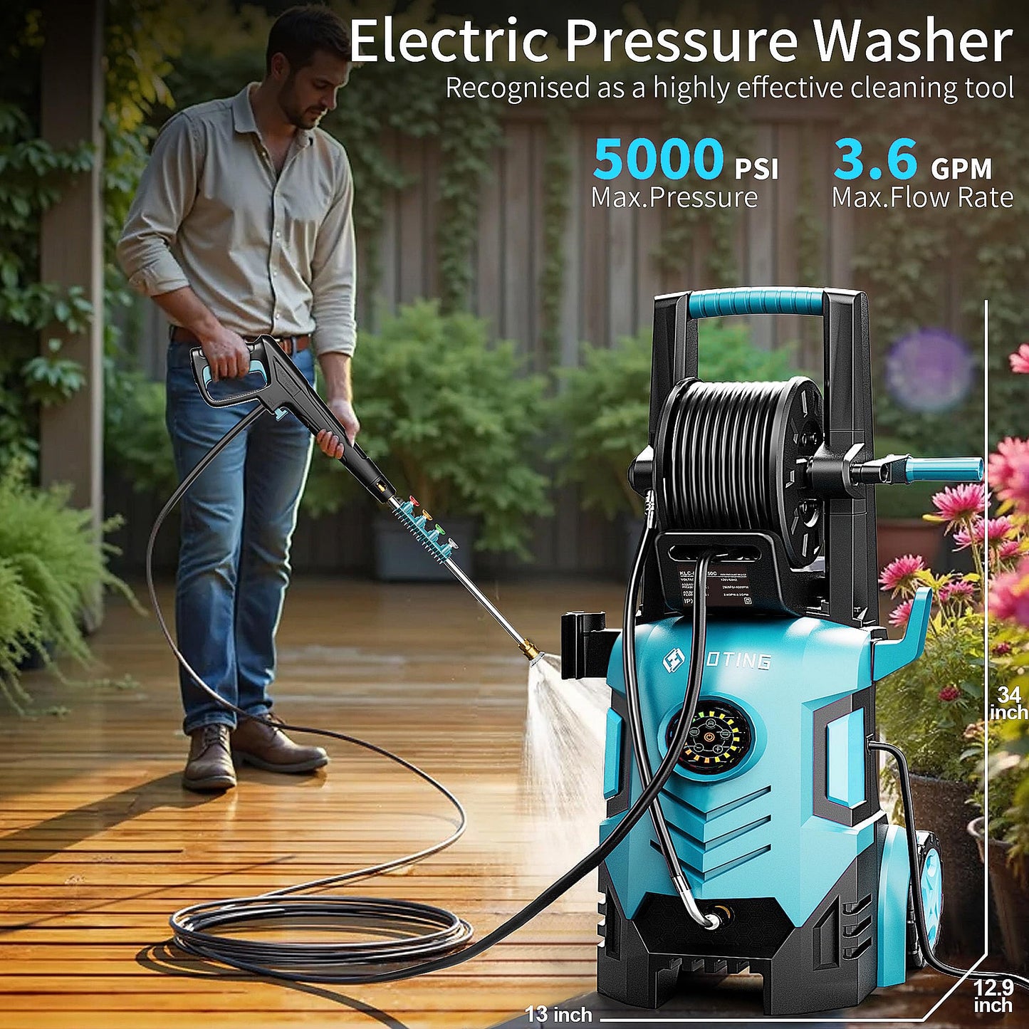 2026new Pressure Washer 5000PSI with Adj-8-Level Touch Screen, 34" Tall Power Washer, 4 Quick Connect Nozzles, Inlet Hose&Filter&500mlFoam Cannon for Cars/Fences/Driveways,Blue