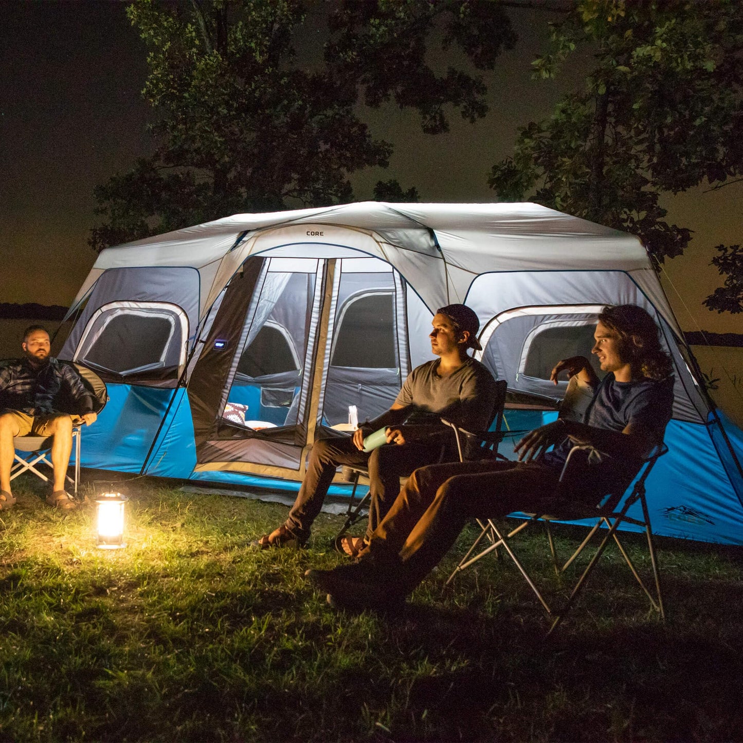 CORE Instant Cabin Tents with LED Lights | Family Multi Room Lighted Pop Up Tents for Camping | Included Storage Pockets for Camping Accessories